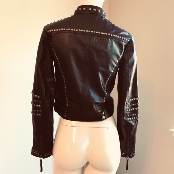 Studded Dark Brown Leather Moto Jacket by Mango-Sz S-EUC - Picture 7 of 8